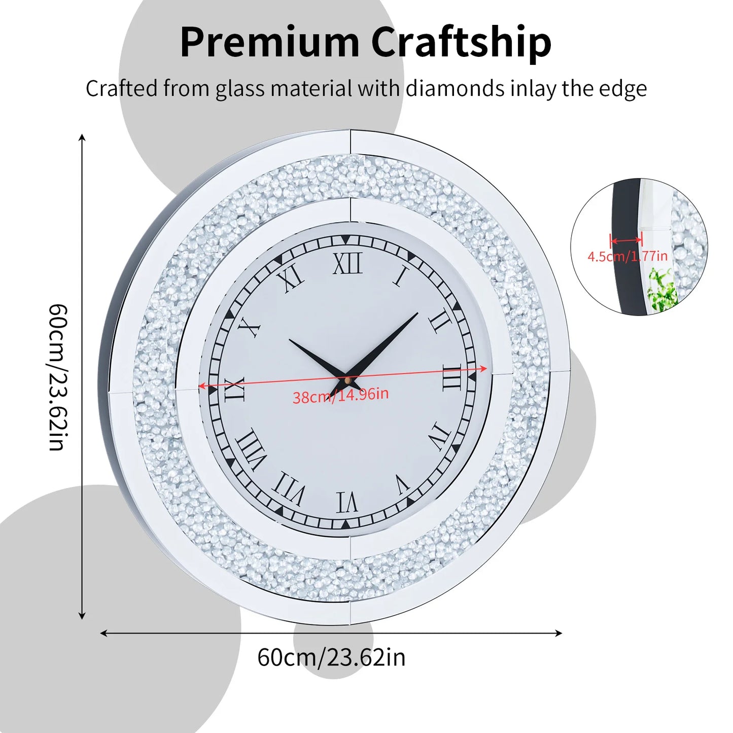 Round Mirror Wall Clock with Crystal Sparkle Embellishments