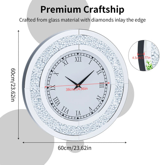 Round Mirror Wall Clock with Crystal Sparkle Embellishments