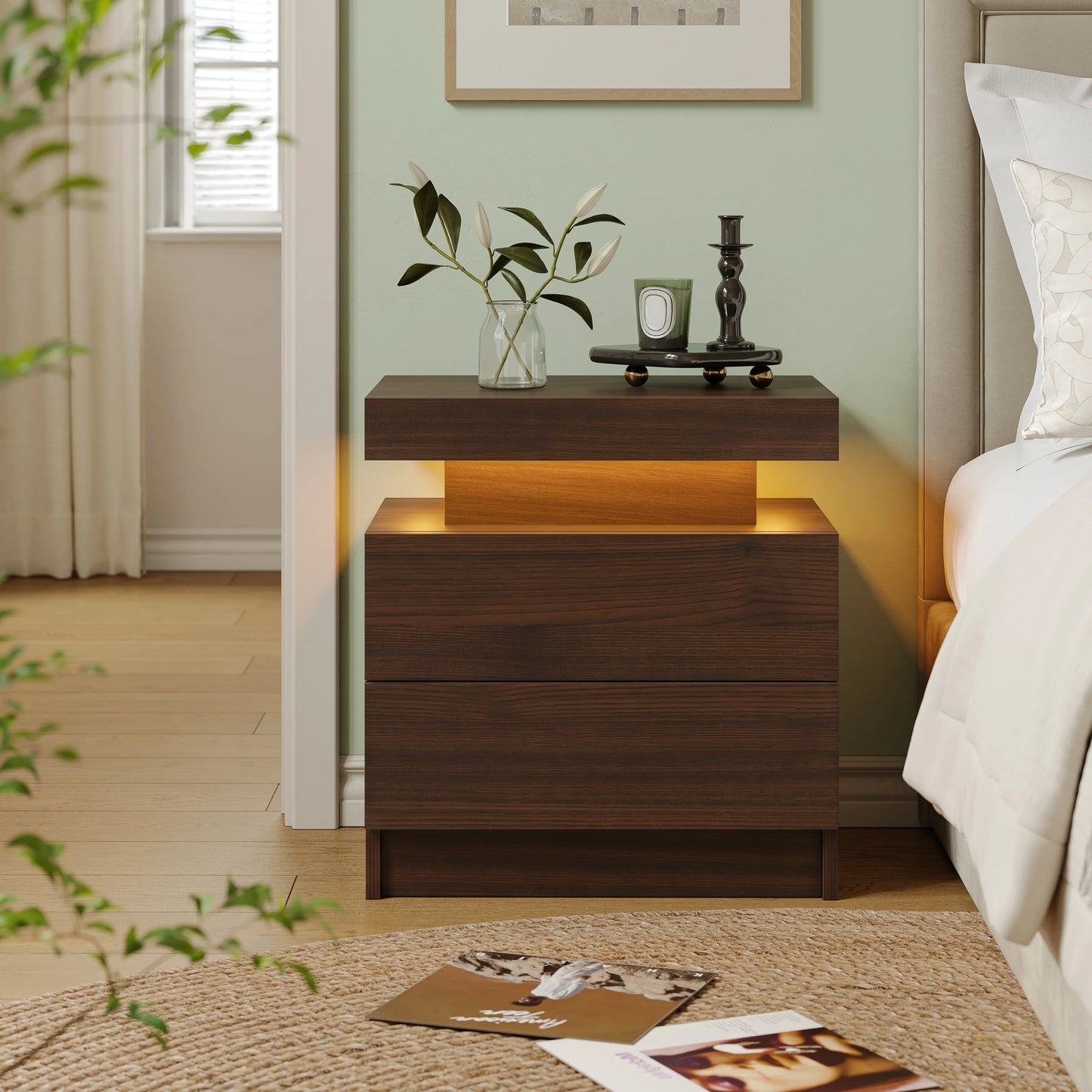 Cubehom LED Nightstand With Two Drawers End Table For Bedroom