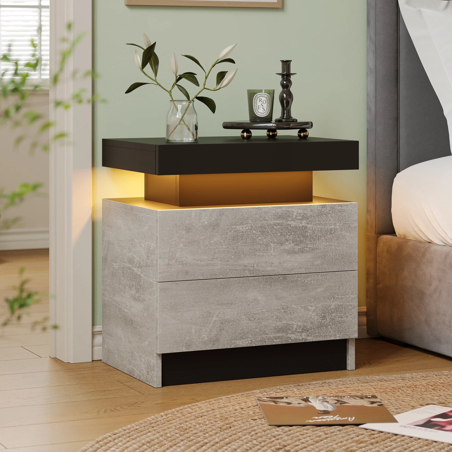Cubehom LED Nightstand With Two Drawers End Table For Bedroom