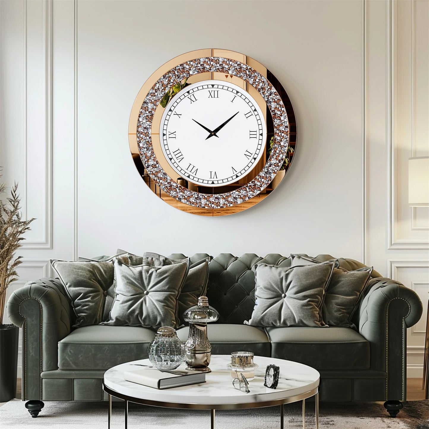 Round Mirror Wall Clock with Crystal Sparkle Embellishments