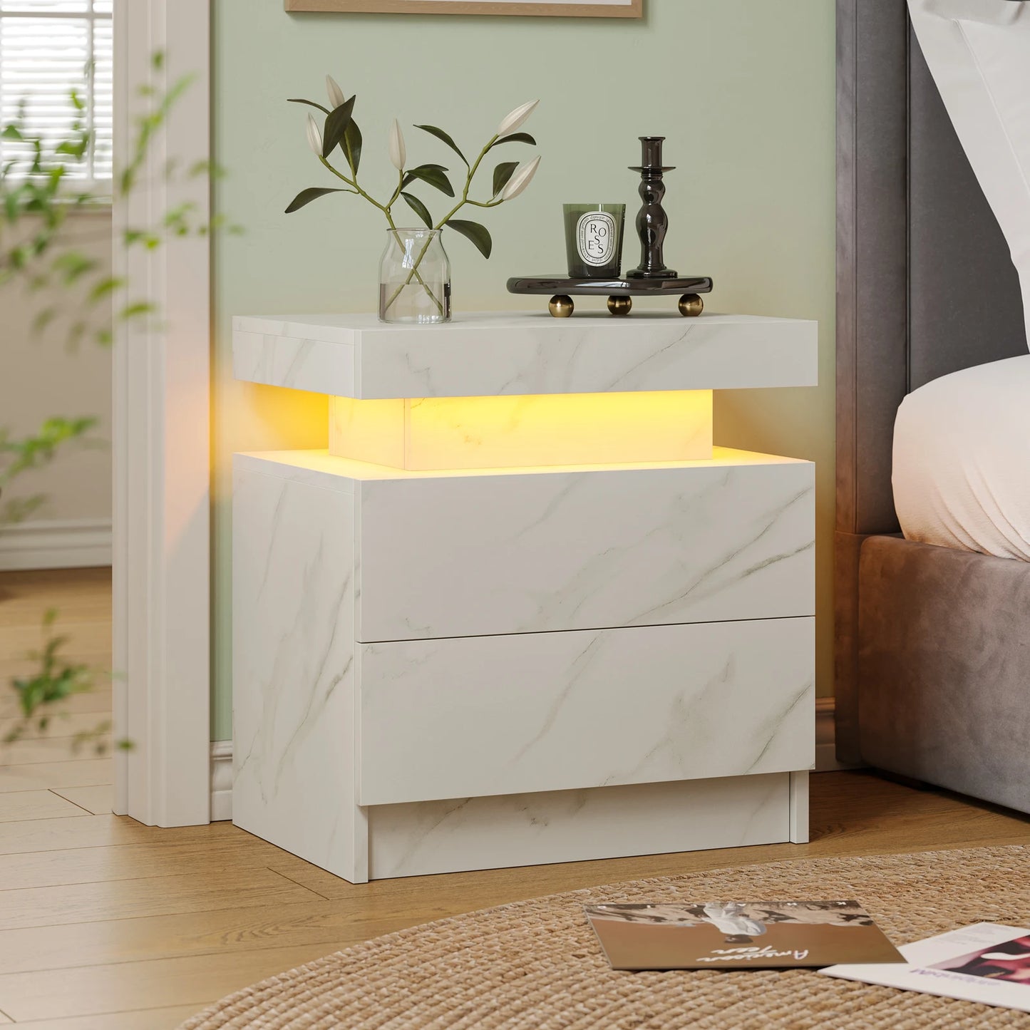 Cubehom LED Nightstand With Two Drawers End Table For Bedroom