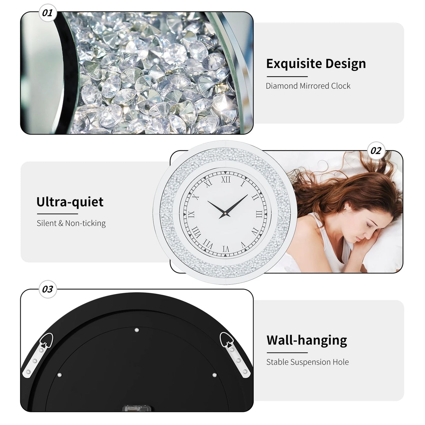 Round Mirror Wall Clock with Crystal Sparkle Embellishments
