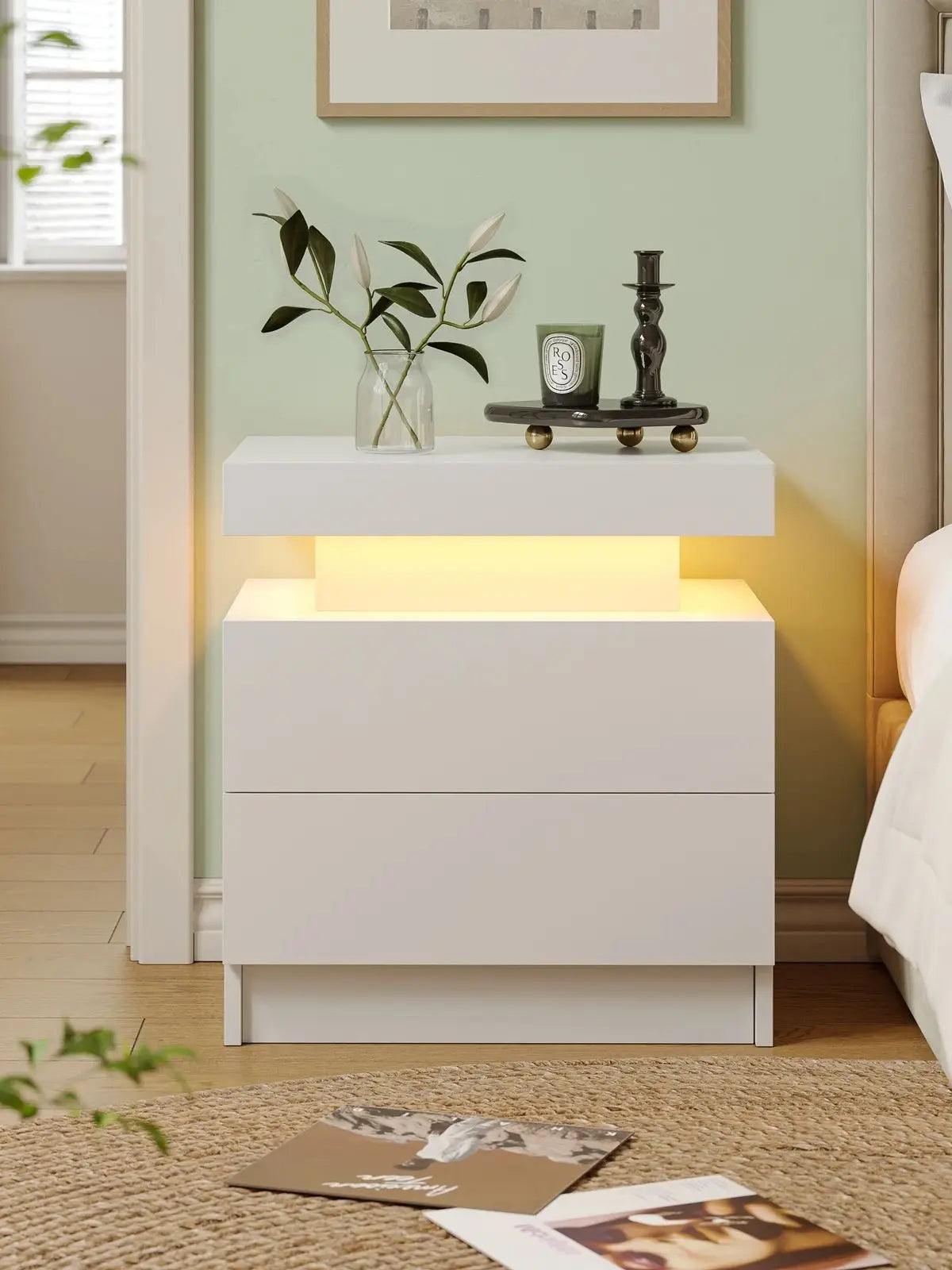 Cubehom LED Nightstand With Two Drawers End Table For Bedroom