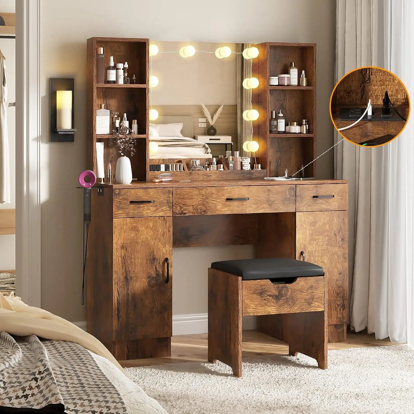 Makeup Vanity Desk With Lighted Mirror And Power Strip Rustic Farmhouse Style