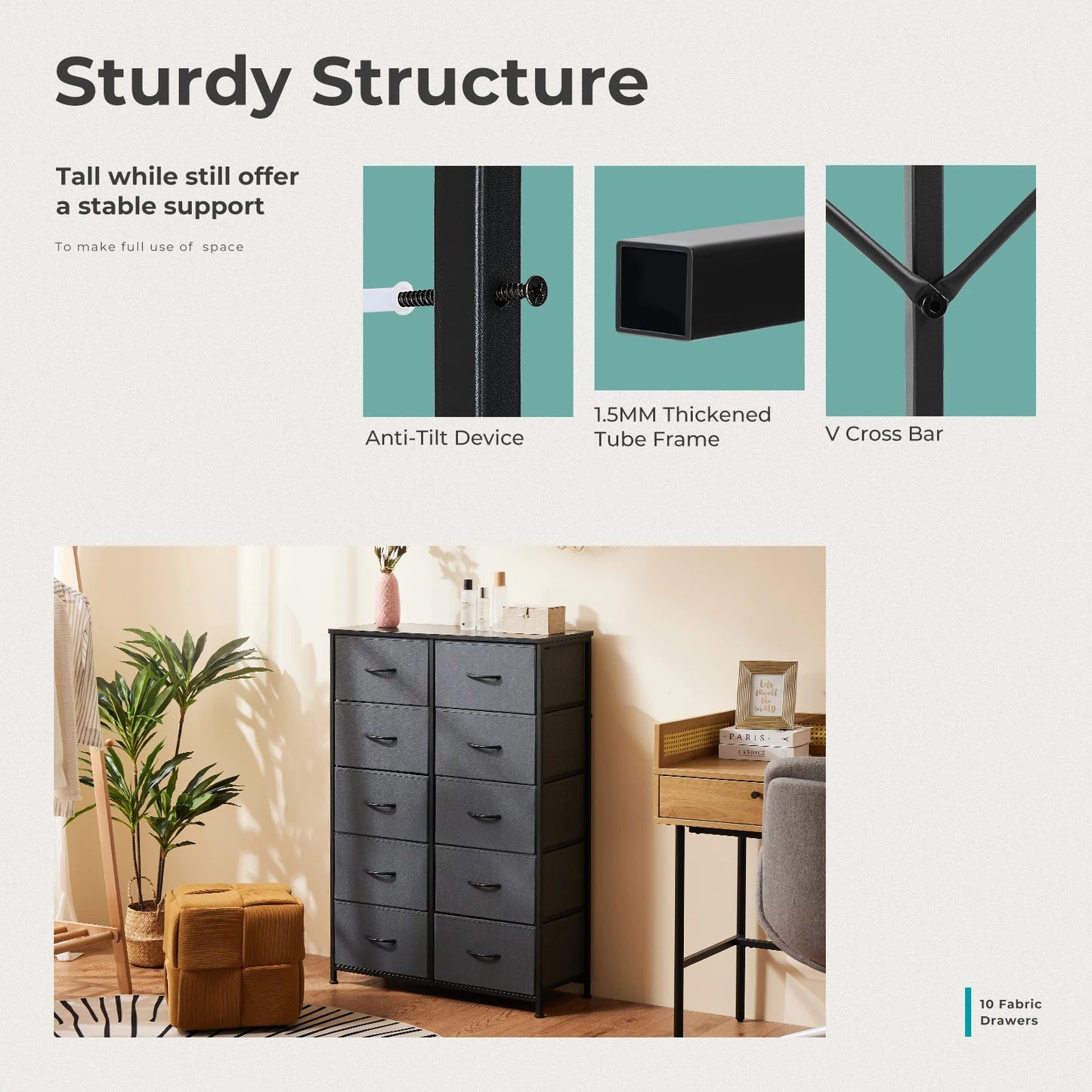 JHK Bedside Table With 10 Fabric Drawers Nightstand