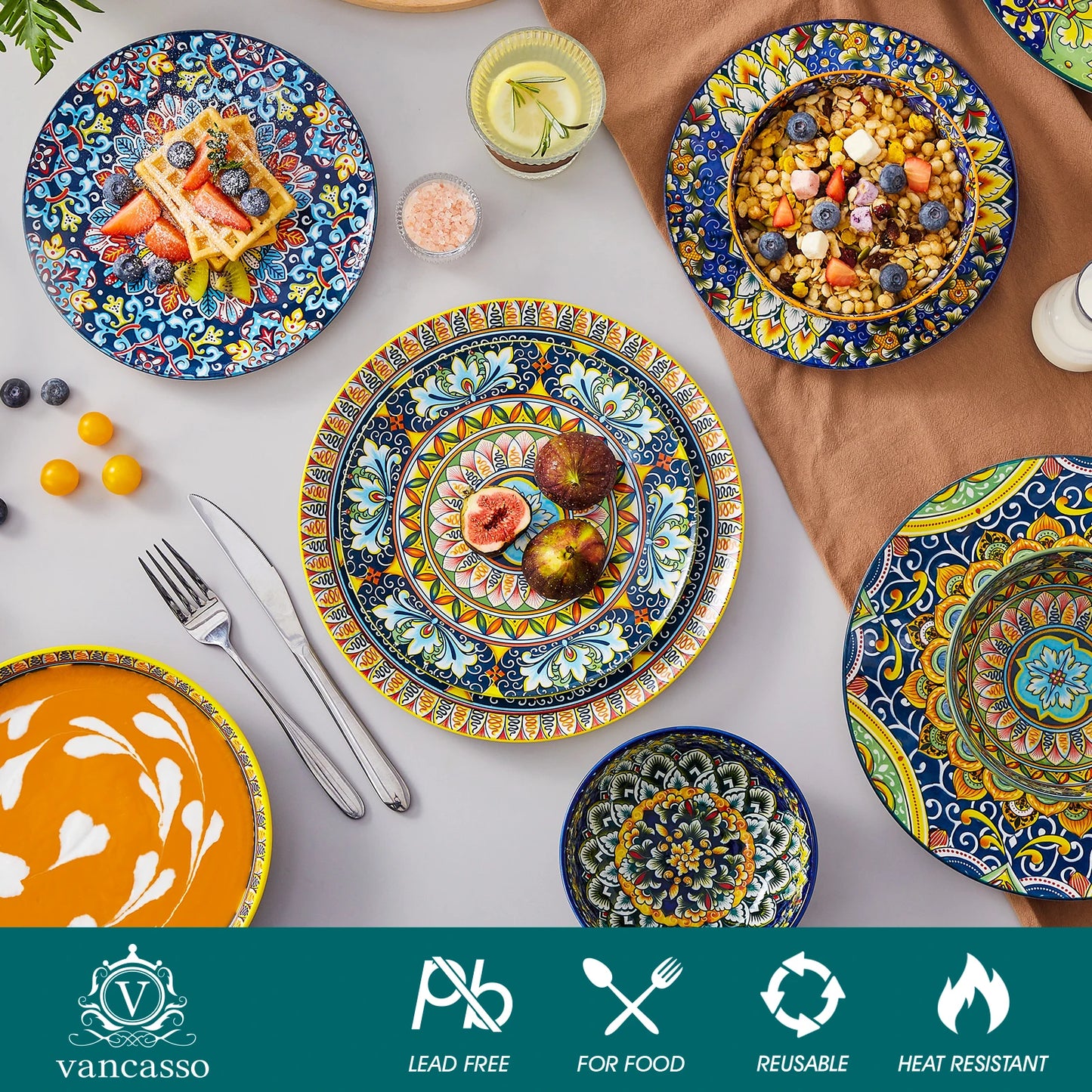 MALACASA Bohemian Porcelain Dinnerware Set Elegant Ceramic Tableware