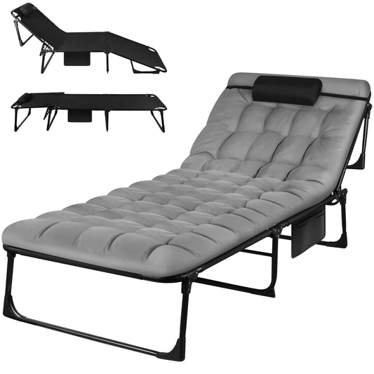 Portable Folding Camping Cot With 3-Position Reclining Lounge Chair Pillow