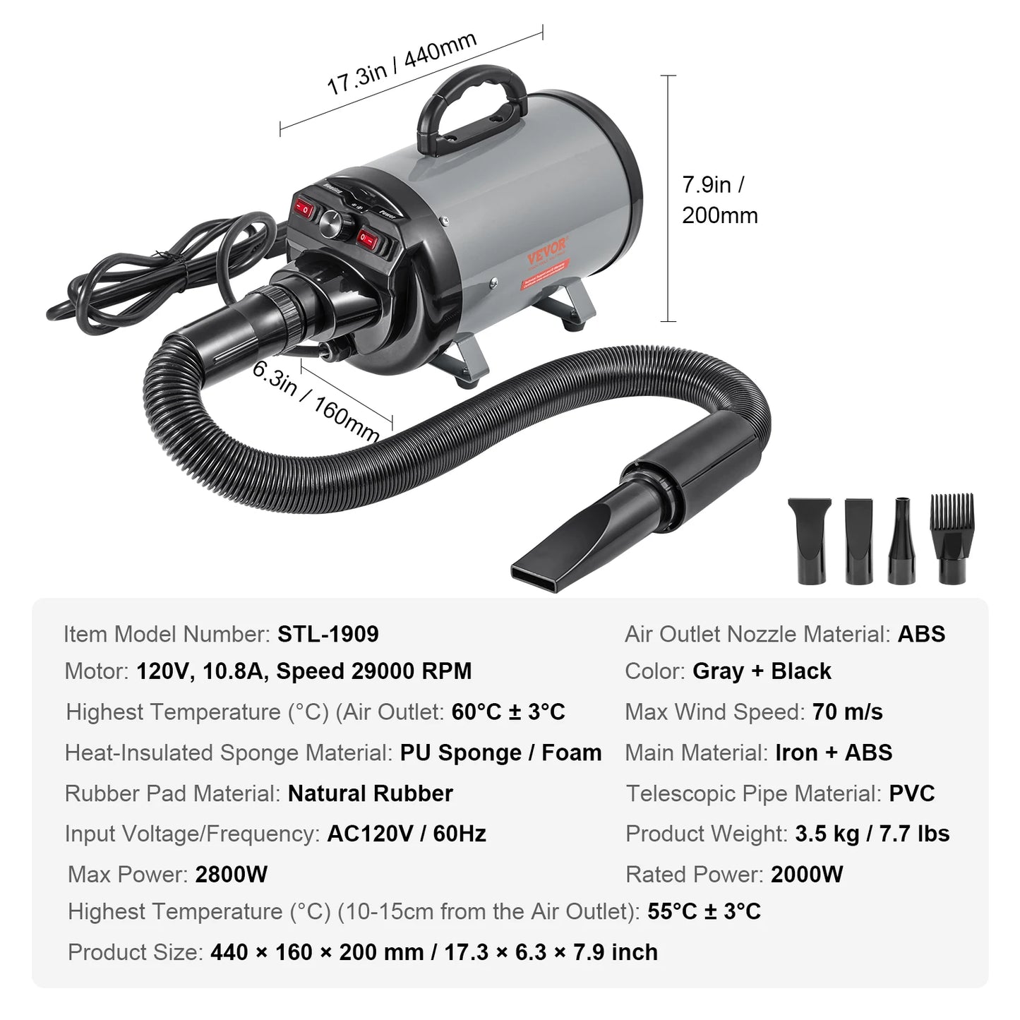 SucceBuy 2000W Dog Blow Dryer Adjustable Speed Temperature Extendable Hose