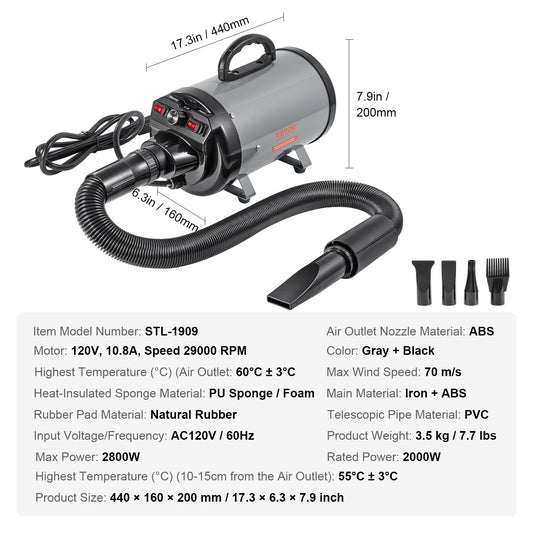 SucceBuy 2000W Dog Blow Dryer Adjustable Speed Temperature Extendable Hose