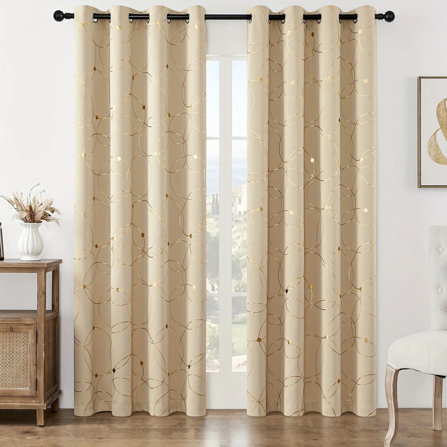 Golden Wave and Circle Blackout Curtains 2 Pack with Grommet