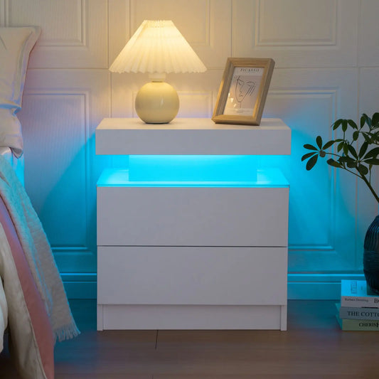 Cubehom LED Nightstand With Two Drawers End Table For Bedroom