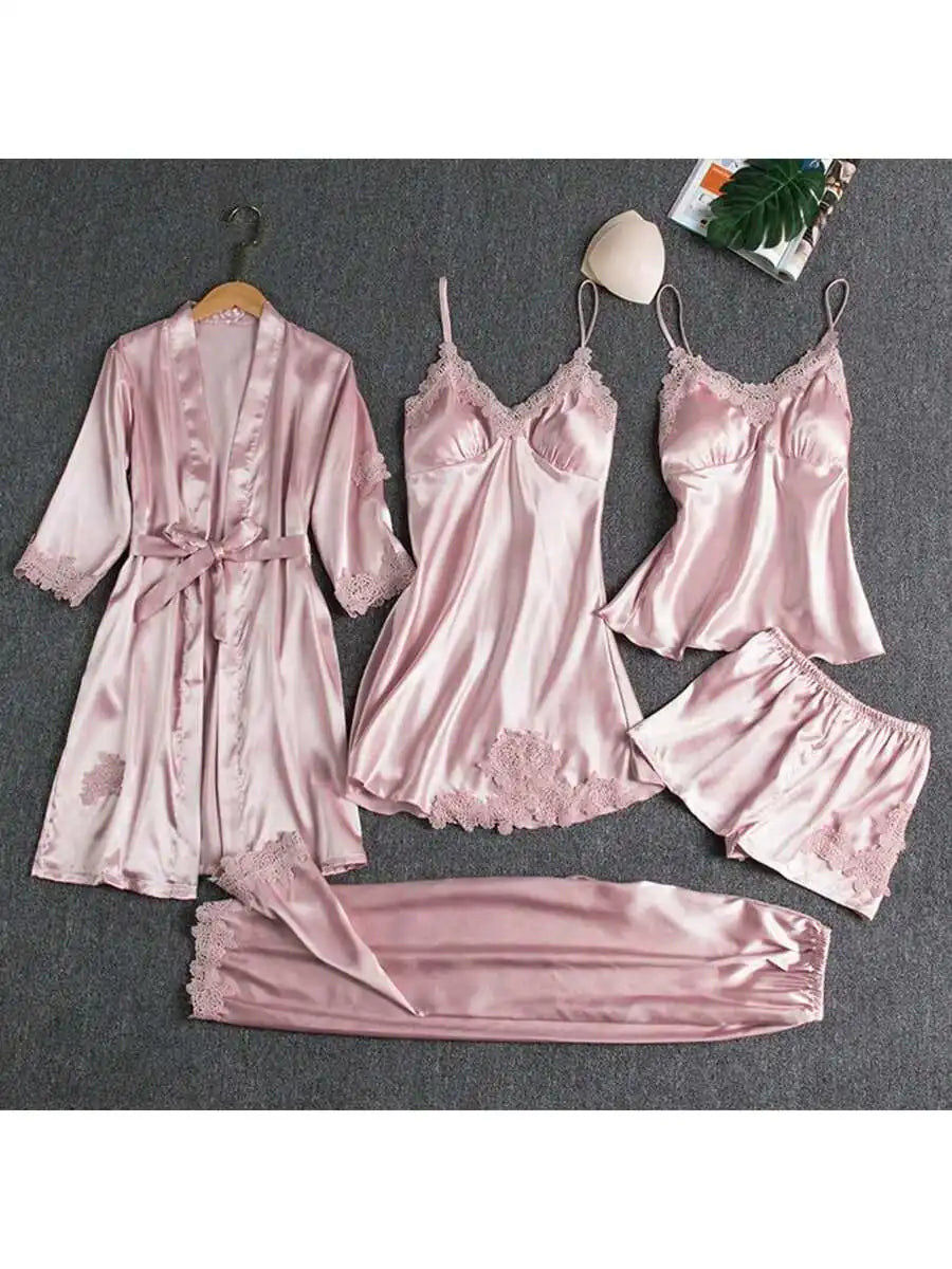 Womens 5 Piece Satin Pajama Set Robe Cami Pants Shorts