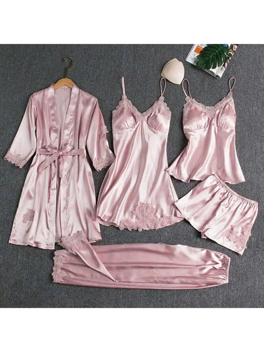 Womens 5 Piece Satin Pajama Set Robe Cami Pants Shorts