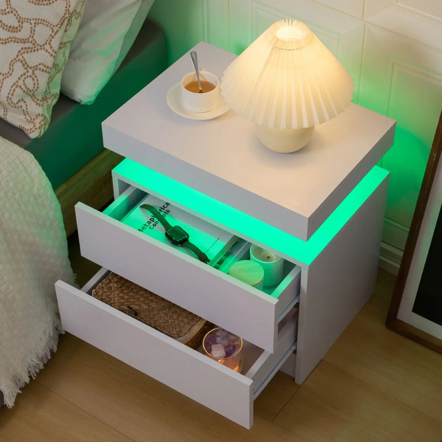 Cubehom LED Nightstand With Two Drawers End Table For Bedroom