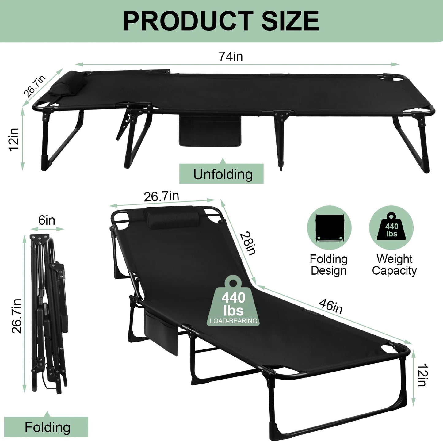 Portable Folding Camping Cot With 3-Position Reclining Lounge Chair Pillow