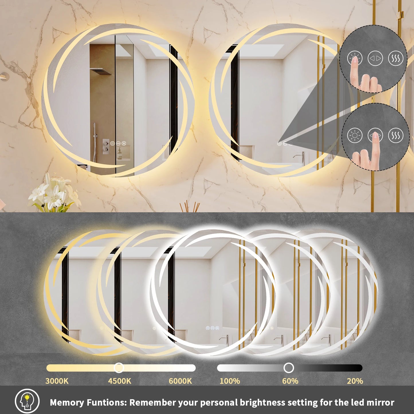 Anti Fog LED Round Vanity Mirror Backlit Shatterproof For Bathrooms