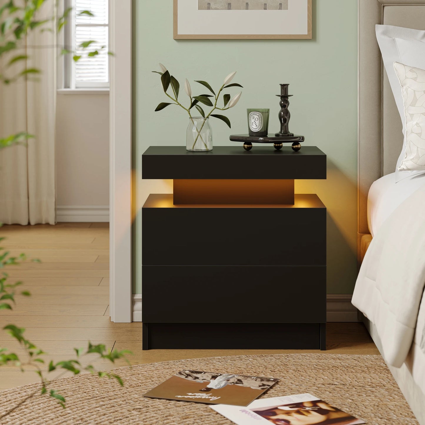 Cubehom LED Nightstand With Two Drawers End Table For Bedroom