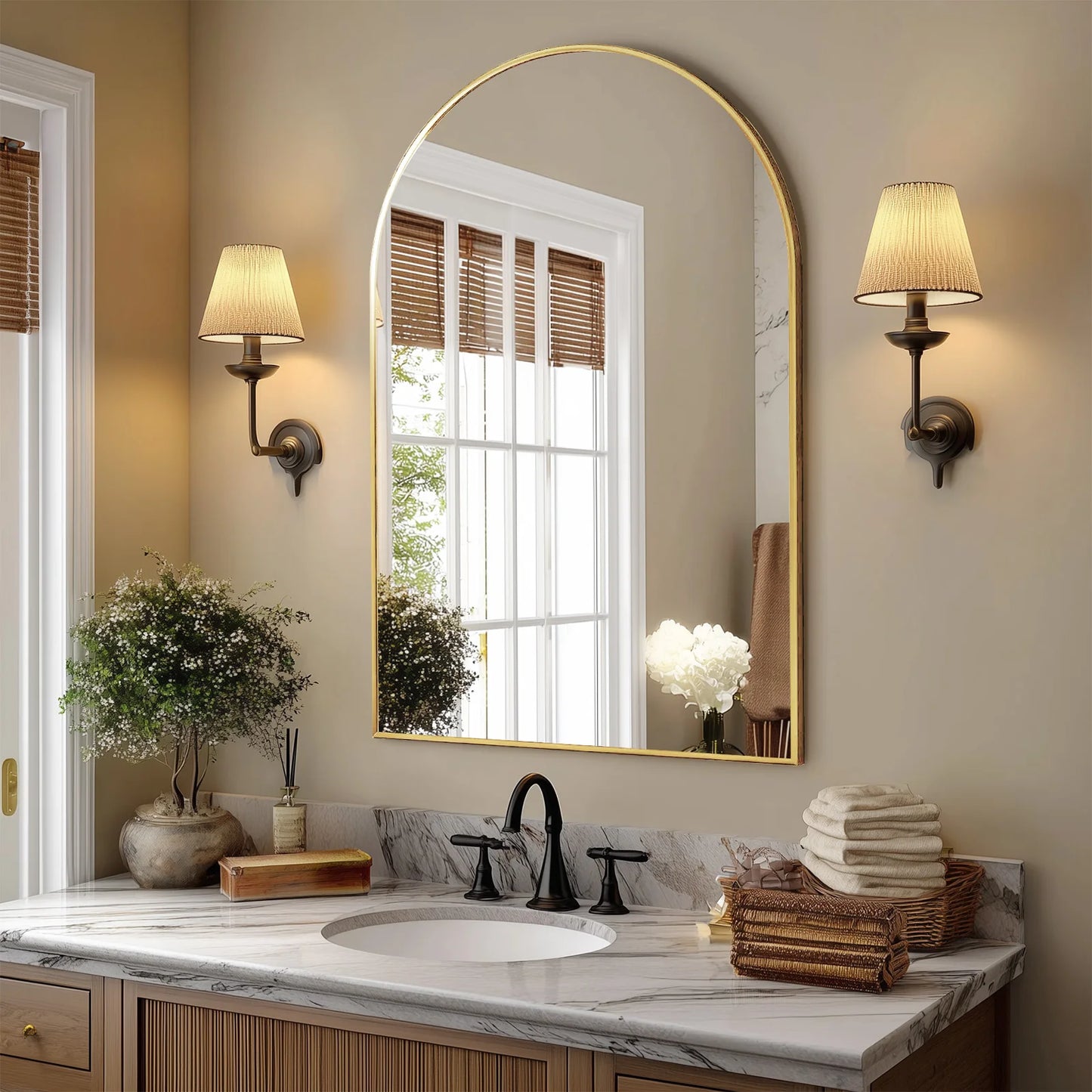 JHK Arched Metal Framed Bathroom Mirror For Wall Hanging