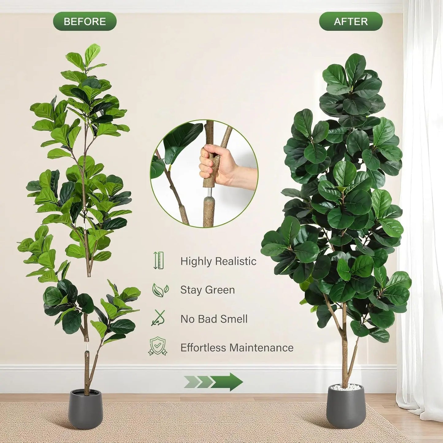 HiMISS Fiddle Leaf Fig Tree Artificial In White Planter Pot For Home Decor