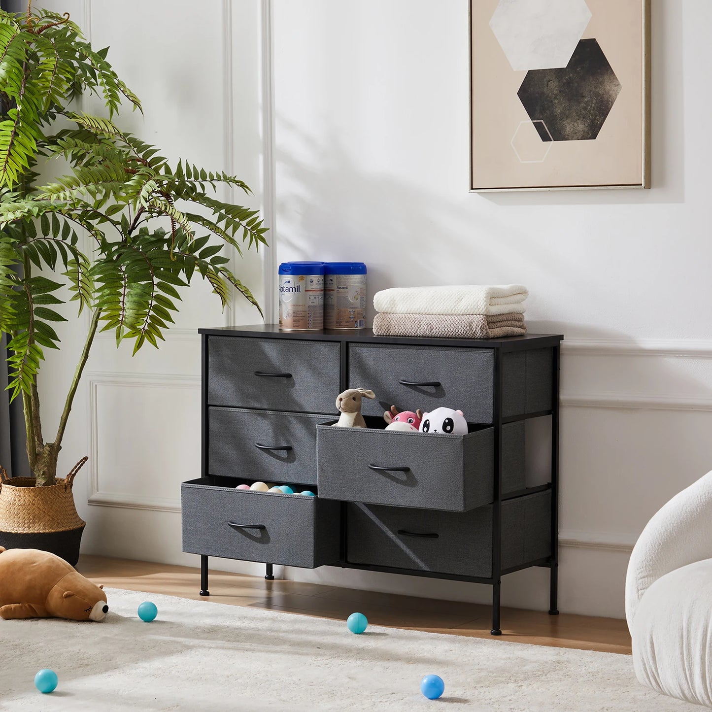 JHK 6 Fabric Drawers Nightstand With Storage For Bedroom