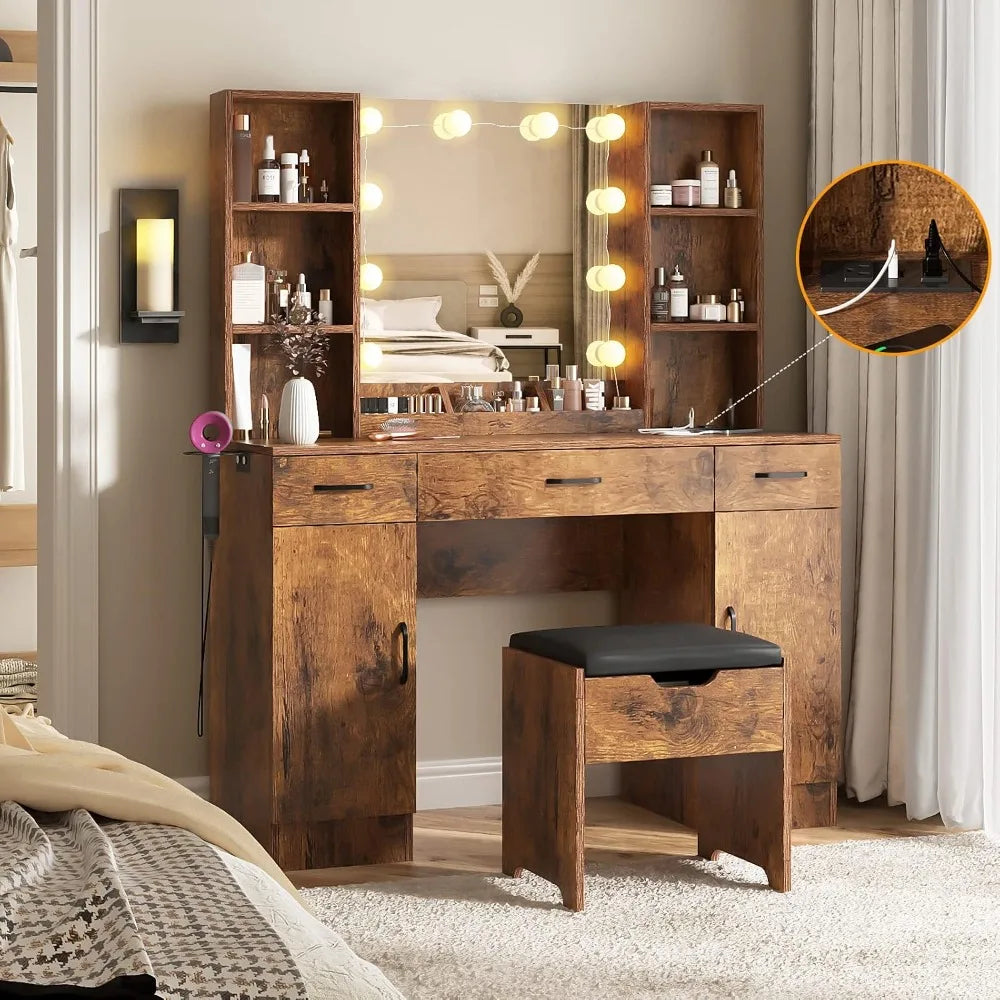 Makeup Vanity Desk With Lighted Mirror And Power Strip Rustic Farmhouse Style