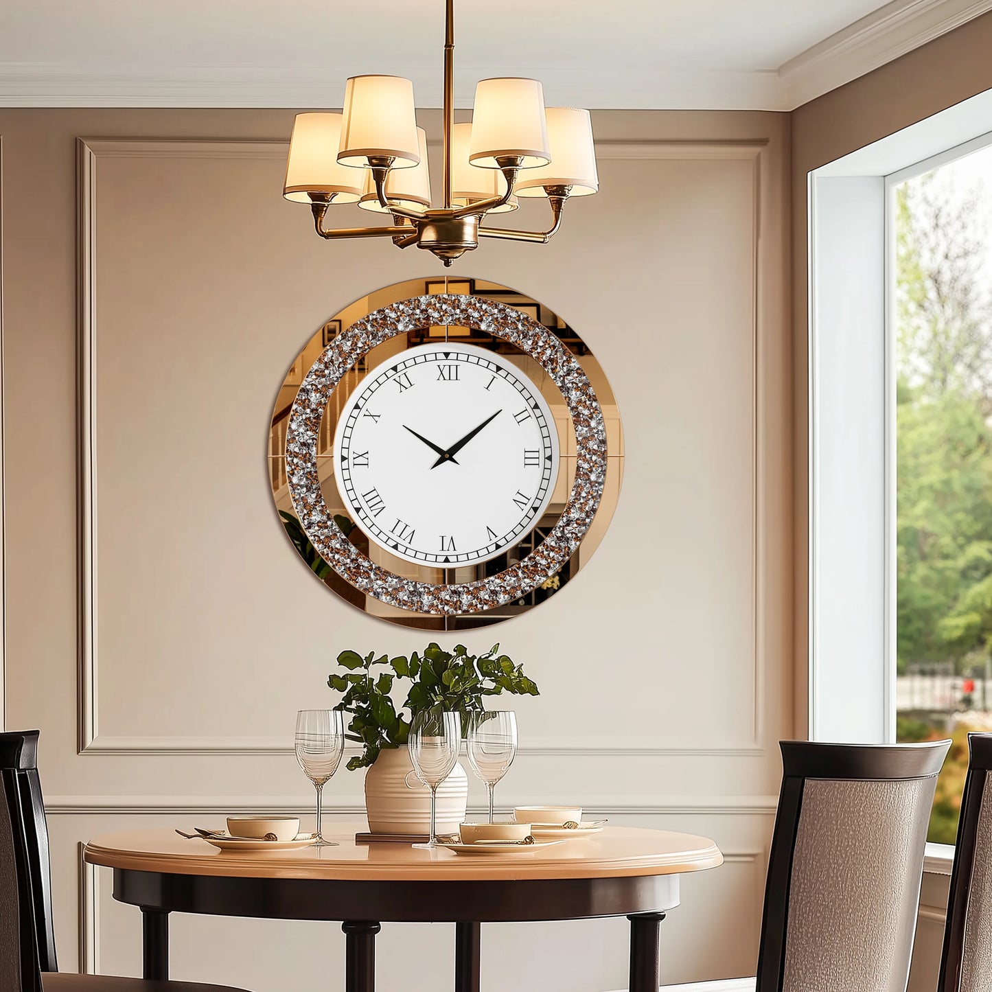 Round Mirror Wall Clock with Crystal Sparkle Embellishments