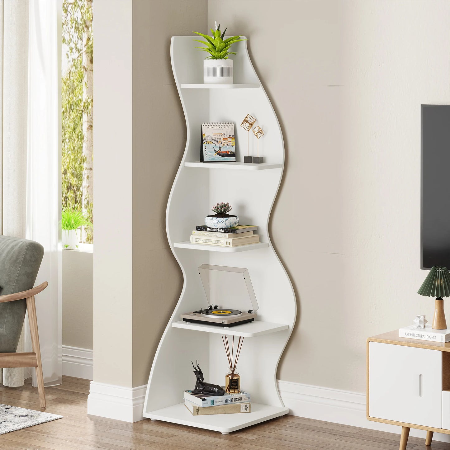 Tribesigns 5-Tier Corner Shelf Wall Bookcase and Plant Stand