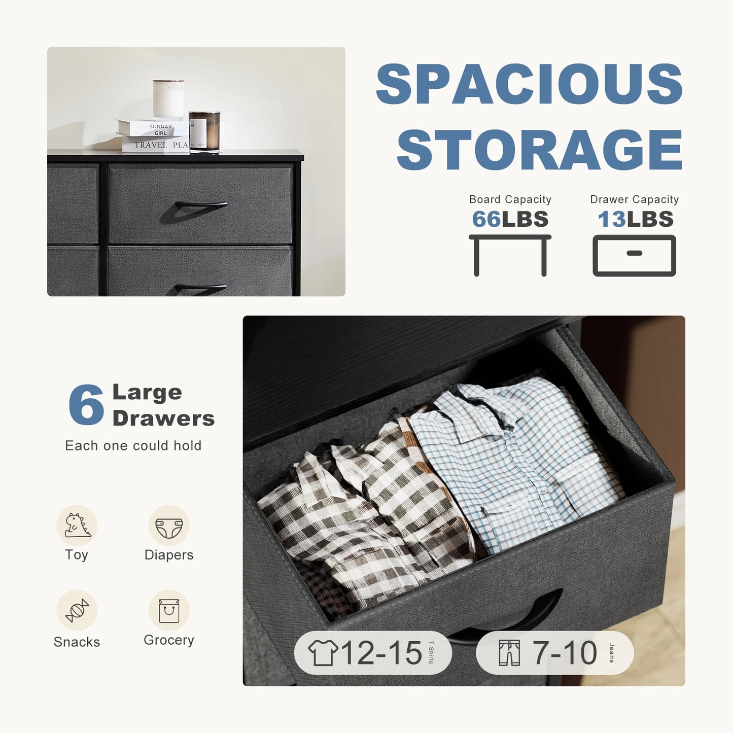 JHK 6 Fabric Drawers Nightstand With Storage For Bedroom