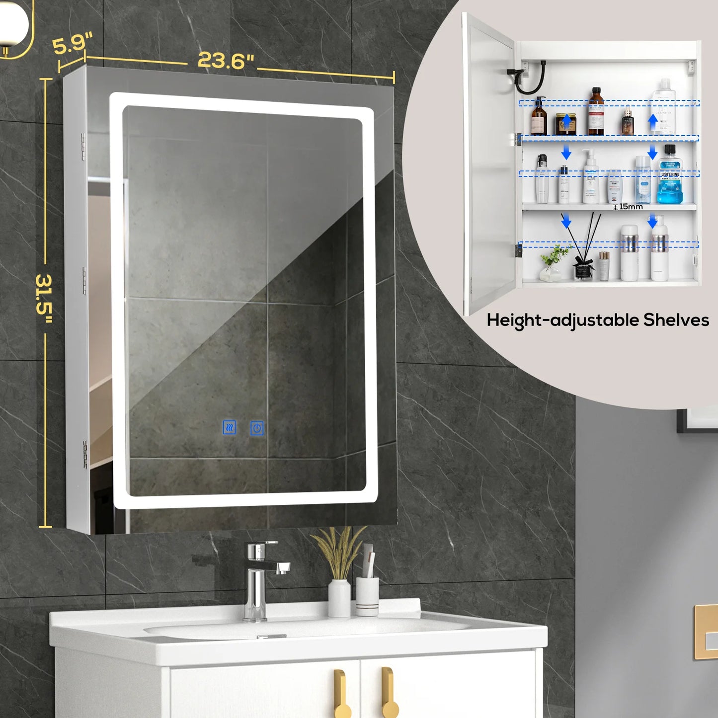 VOWNER LED Bathroom Medicine Cabinet With Mirror Defogger Dimmer