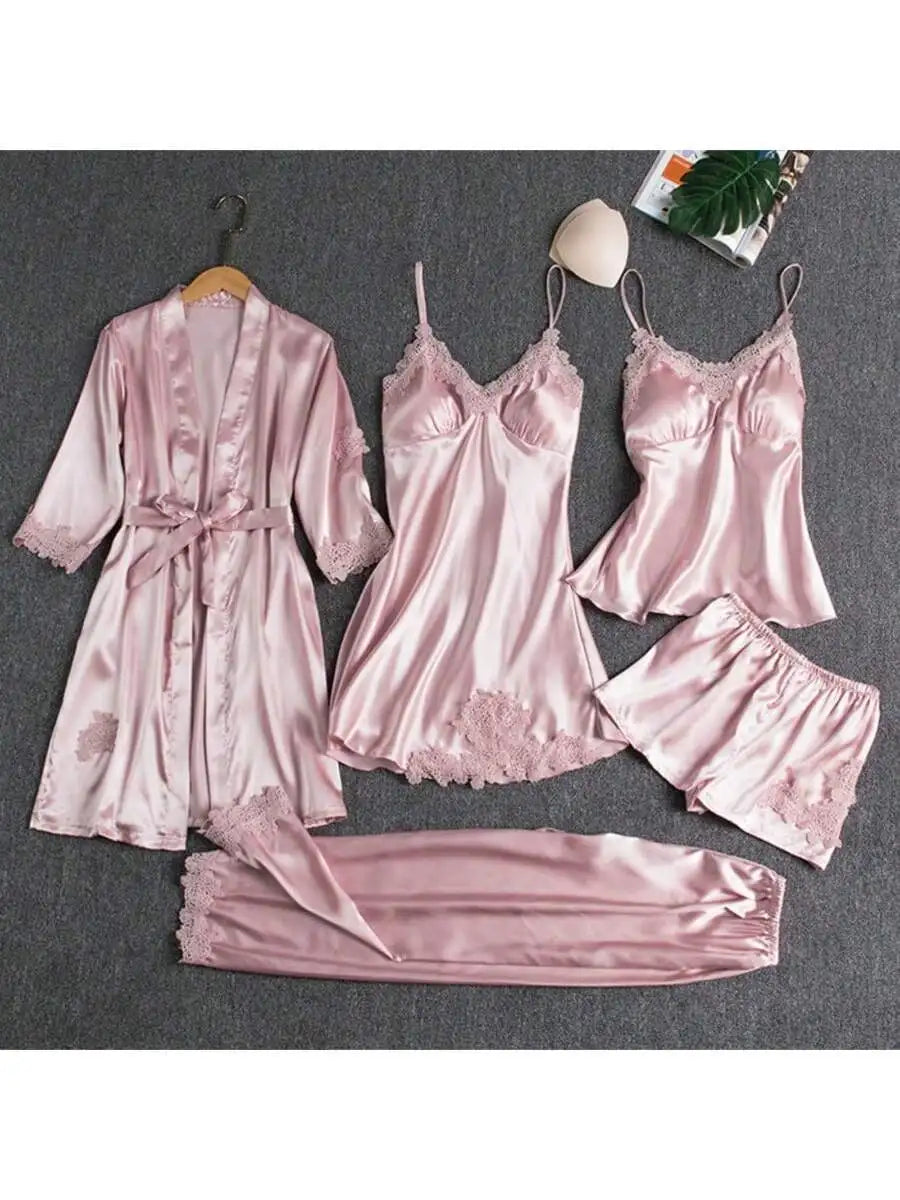 Womens 5 Piece Satin Pajama Set Robe Cami Pants Shorts