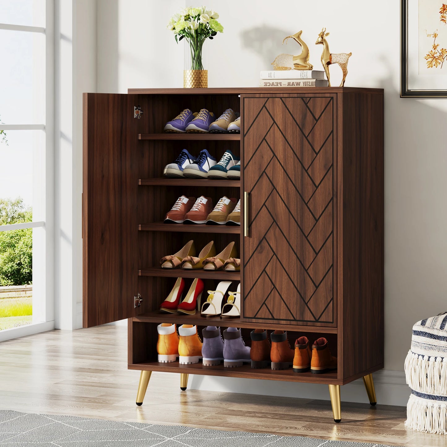 Tribesigns 6 Tier Shoe Cabinet With Doors Walnut Wood Entryway Storage