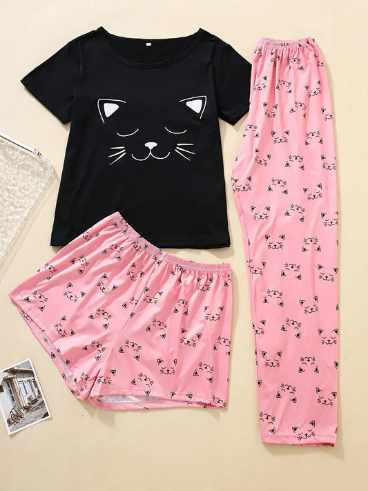Cute Cartoon Cat Print Women's Pajama Set for Summer