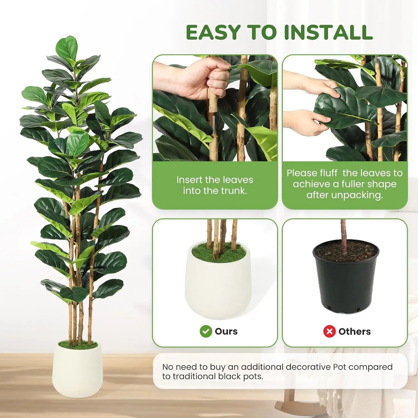 HiMISS Fiddle Leaf Fig Tree With Pot Faux Indoor Plant