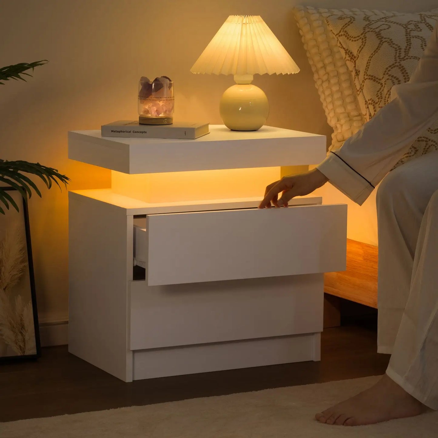 Cubehom LED Nightstand With Two Drawers End Table For Bedroom