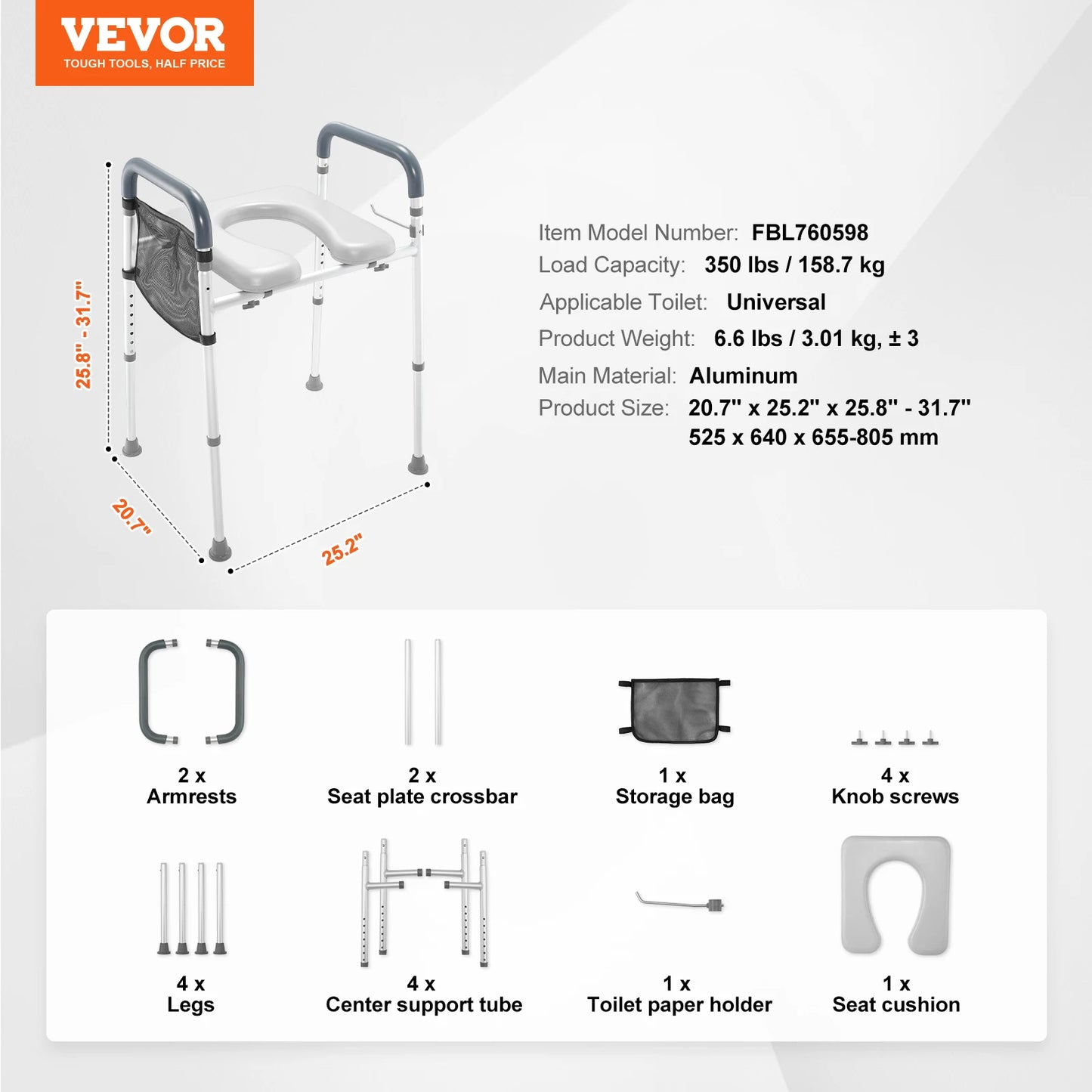 SucceBuy Raised Toilet Seat With 7-Position Height Adjustment Aluminum Frame