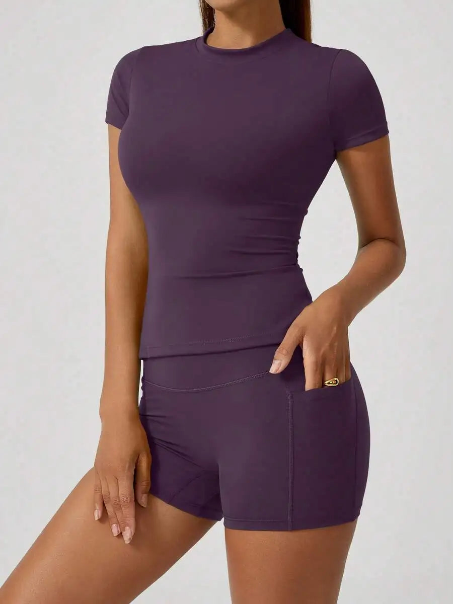 Womens High Waist Tummy Control Butt Lifting Short Sleeve Set