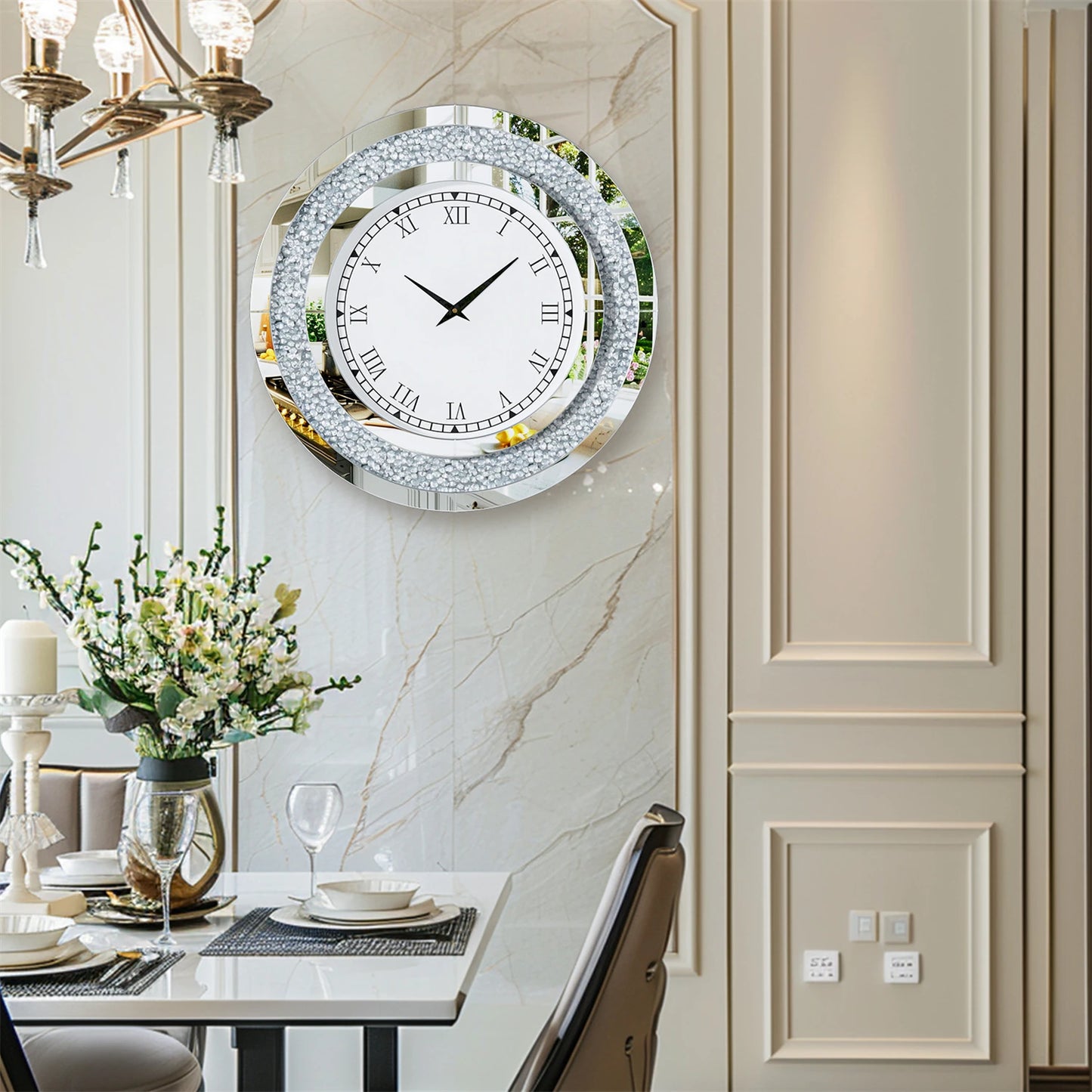 Round Mirror Wall Clock with Crystal Sparkle Embellishments