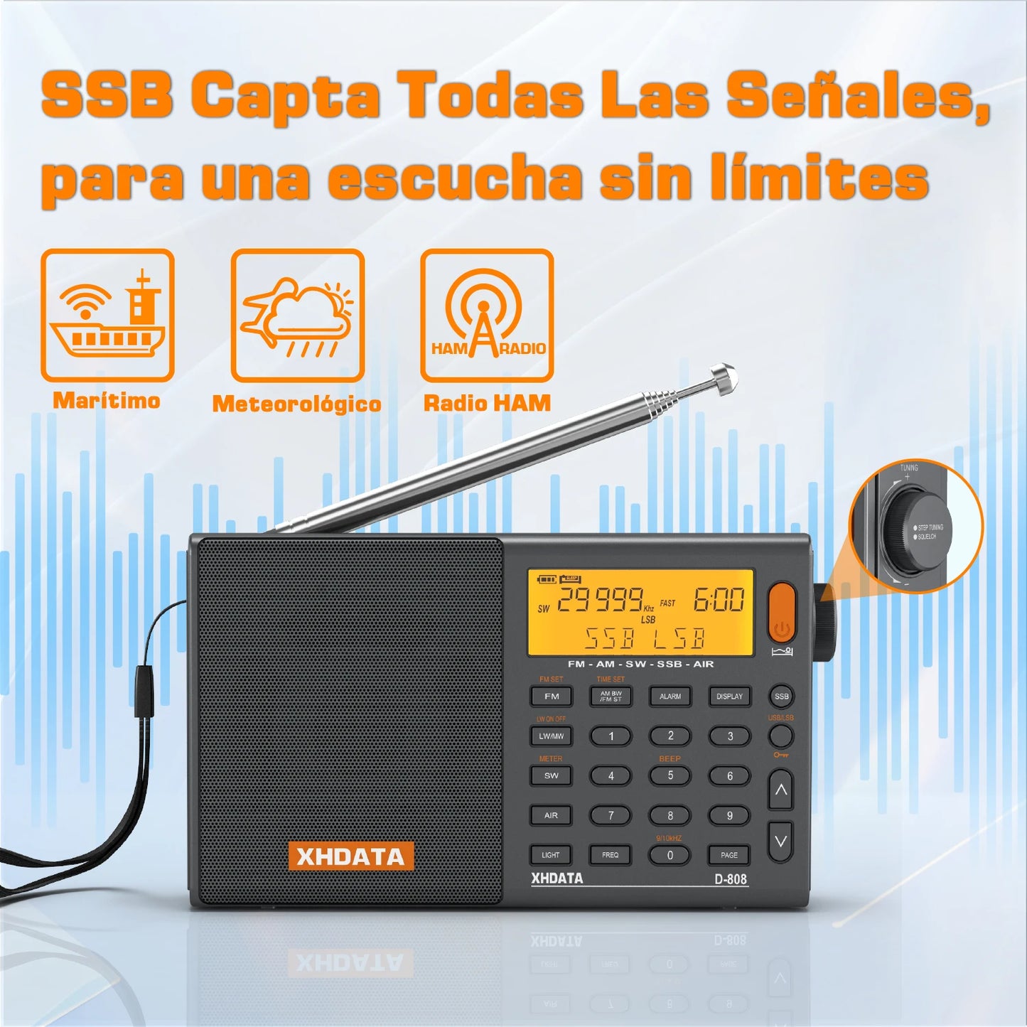 XHDATA D808 Portable Multiband Radio Receiver AM FM MW SW