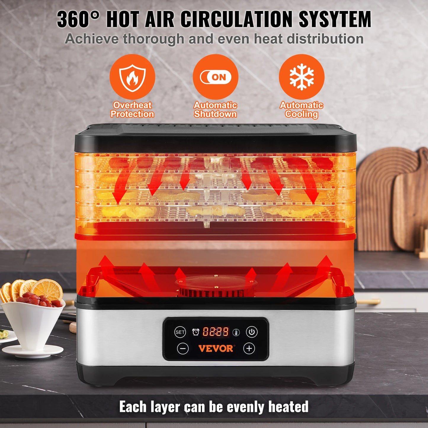 VEVOR 5 Tray Food Dehydrator Dryer With Digital Timer Temperature