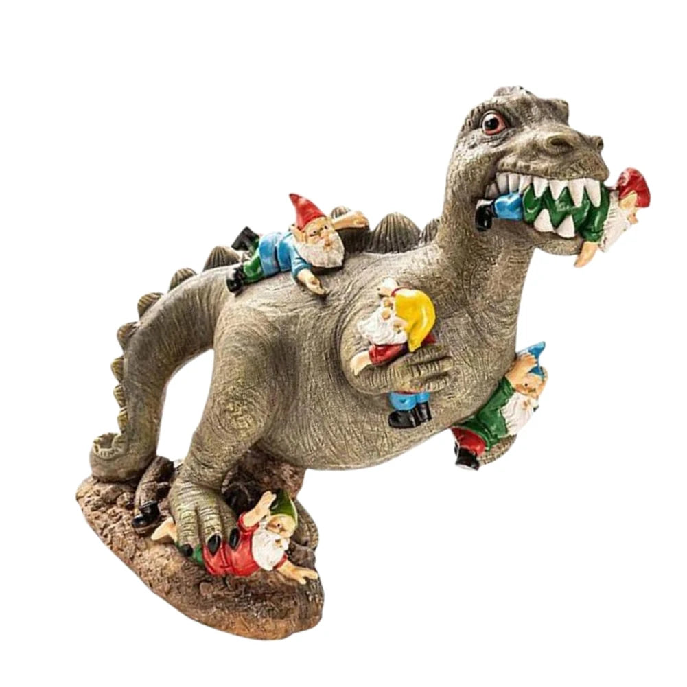 Dinosaur Eating Gnomes Resin Garden Ornament Weatherproof Outdoor Decor