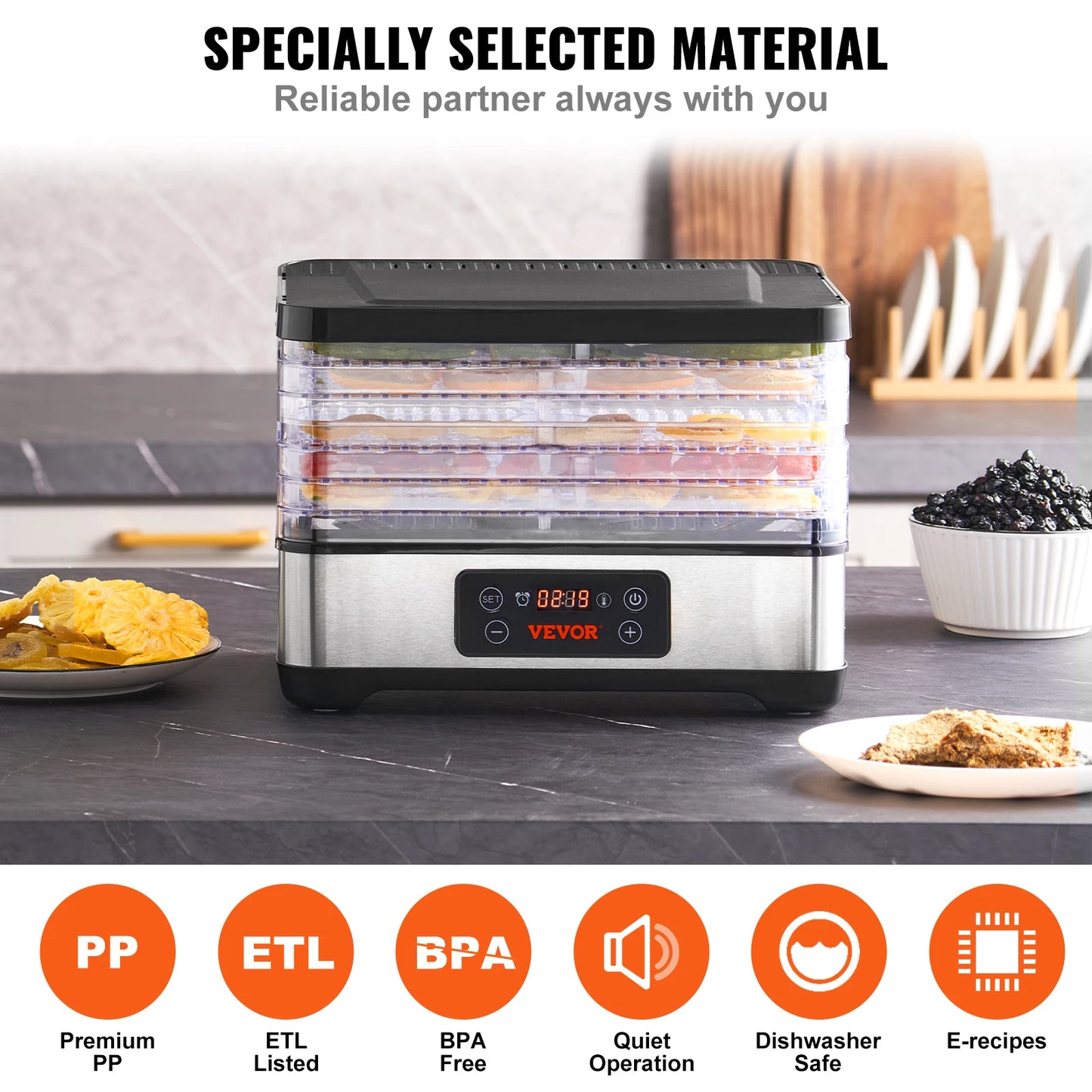 VEVOR 5 Tray Food Dehydrator Dryer With Digital Timer Temperature