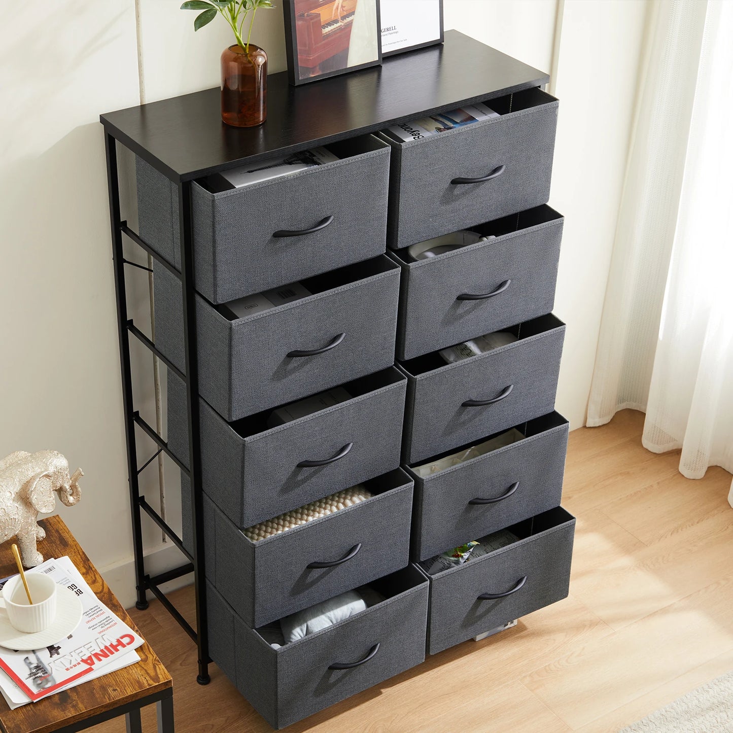 JHK Bedside Table With 10 Fabric Drawers Nightstand