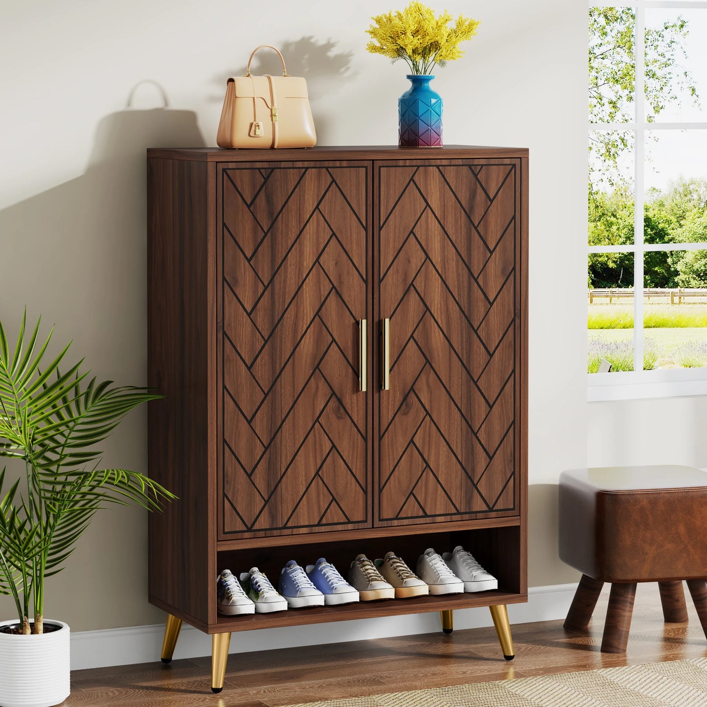 Tribesigns 6 Tier Shoe Cabinet With Doors Walnut Wood Entryway Storage