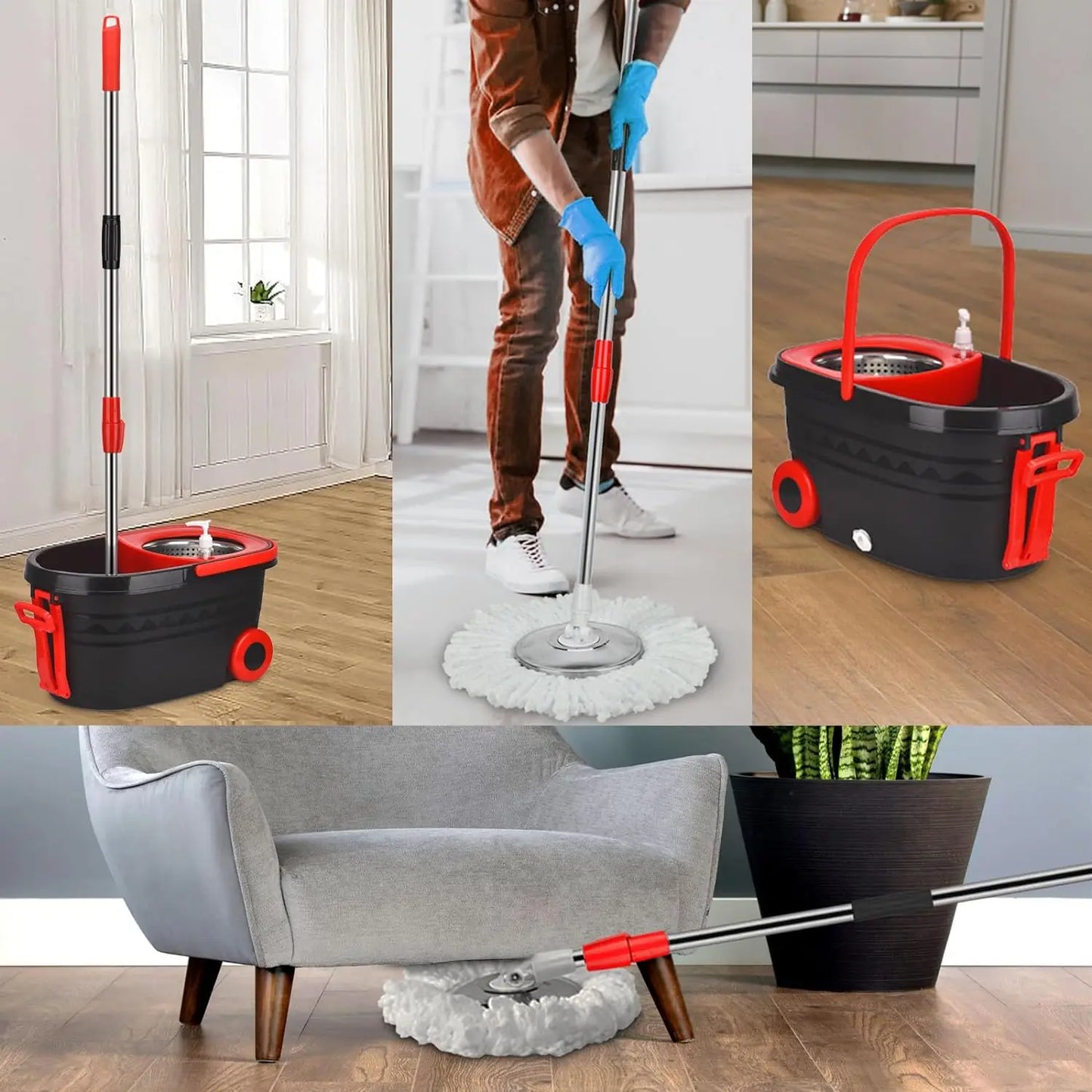 360 Spin Mop Bucket Wrings System With Wheels Extendable Handle Microfiber