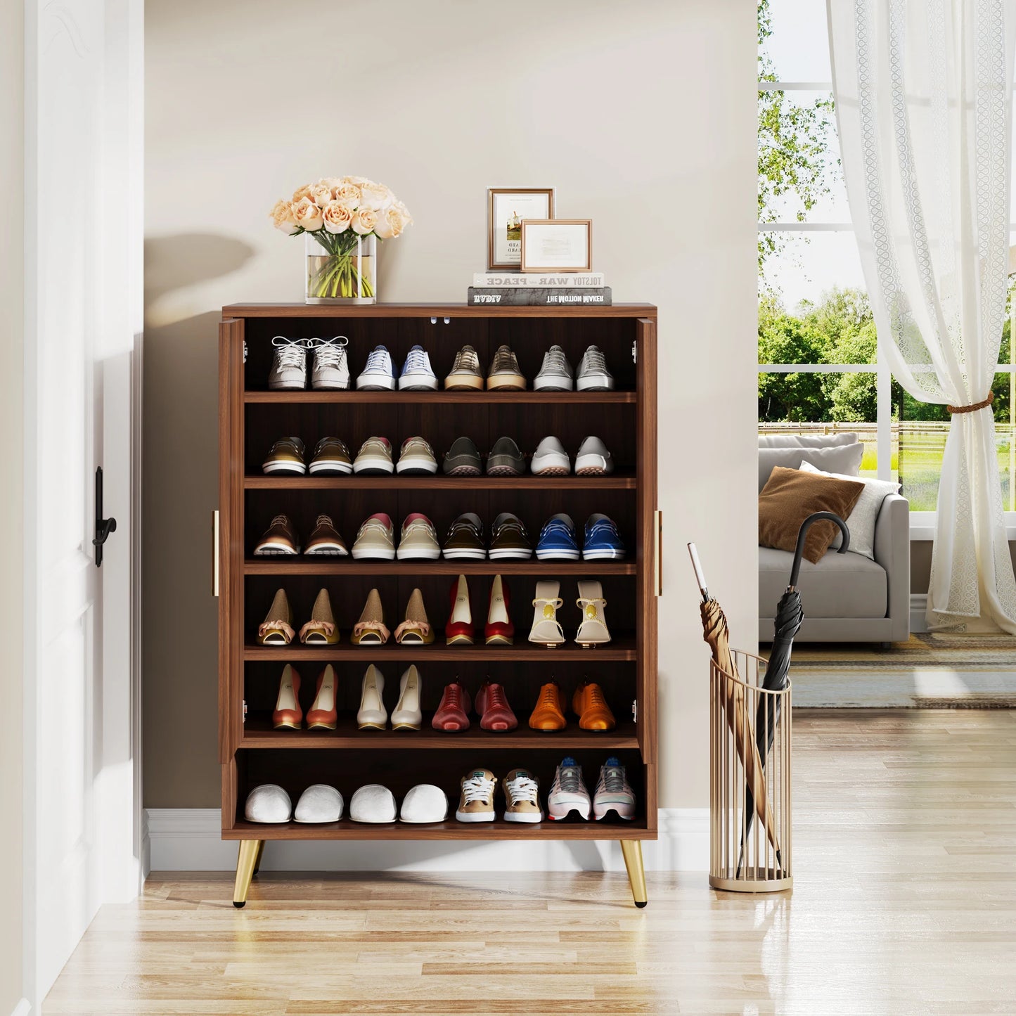 Tribesigns 6 Tier Shoe Cabinet With Doors Walnut Wood Entryway Storage