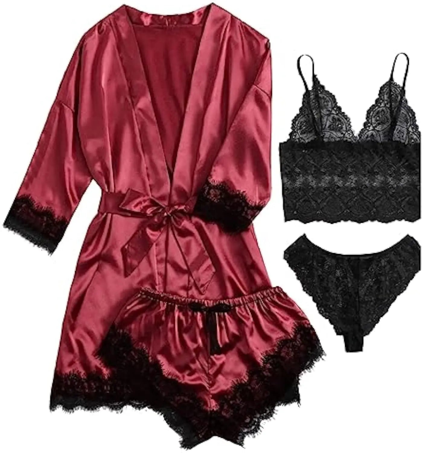 Satin Lace Lingerie Set For Women Nightwear Bralette Shorts Robe