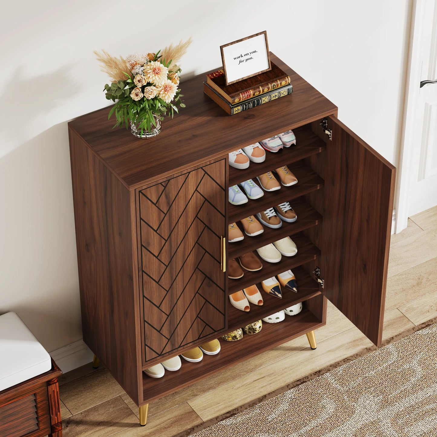 Tribesigns 6 Tier Shoe Cabinet With Doors Walnut Wood Entryway Storage