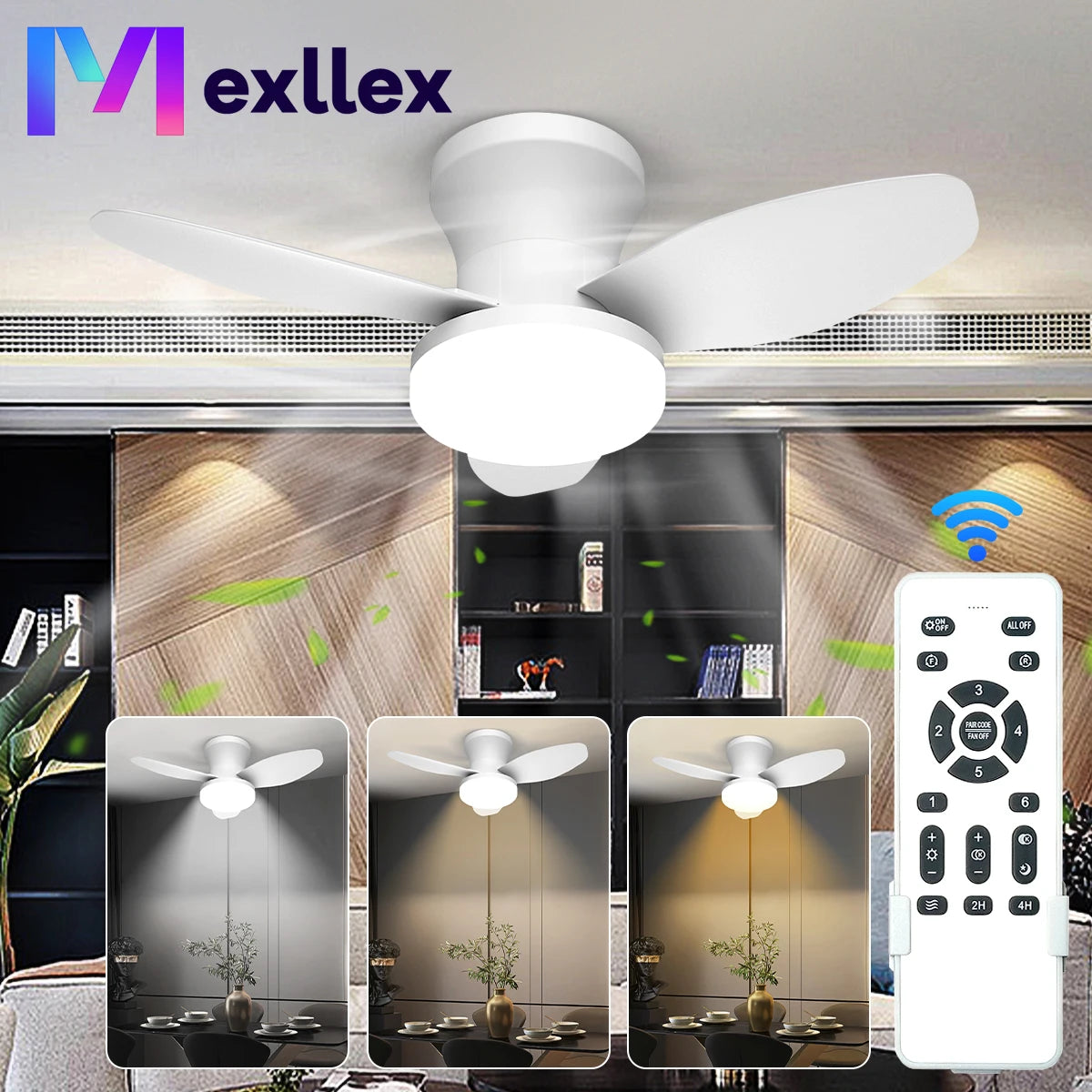 Mexllex Three Leaf Ceiling Fan With Light Dimmable LED Remote