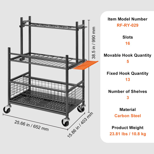 Garden Tool Organizer Rack 16 Slots With Hooks And Wheels